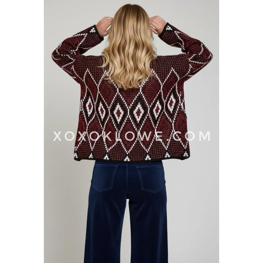 POL Burgundy Diamond Pattern Cardigan | Southwestern Chunky Knit Relaxed Fit - Picture 5 of 9